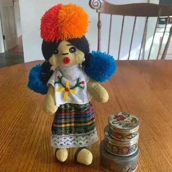 Mexican or South American Colorful Multicolor Cloth Doll with Pompoms - Picture 1 of 5